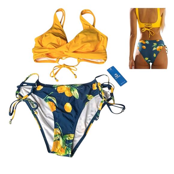 NEW Cupshe SWIMSUIT Women SM Lemon Wrap Bikini Top & Side-Tie Ruched Bottoms NWT - Picture 1 of 11
